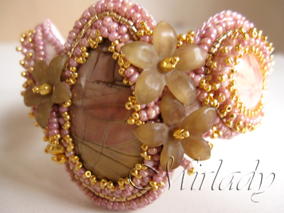 Romantic powder pink bracelet cuff with jasper cabochon, lucite and 24K goldplated beads and findings