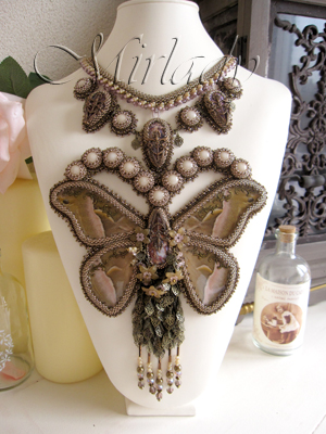 Bead embroidery and beadwork Necklace Masterpiece made with real butterfly wings. Finalist piece Bead Dreams 2012.