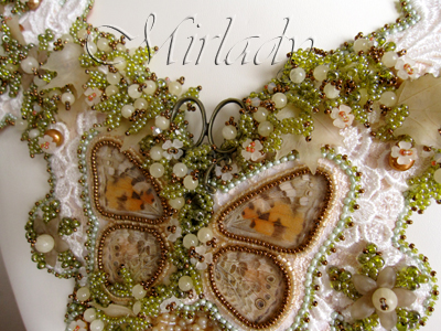 Bead embroidered lace collar with real butterfly wings
