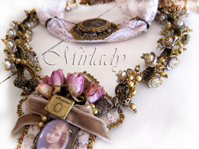 Black Olive shell, pearls, Steampunk Parts ( watch gears ), Vintaj and again real roses ..... on Vintage Lace....  Remember Me!