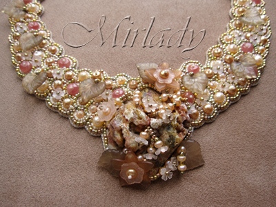 Necklace Bead Embroidery made from pearls, Rhodochrosite, Agate, color gold plated beads and 14K gold filled findings